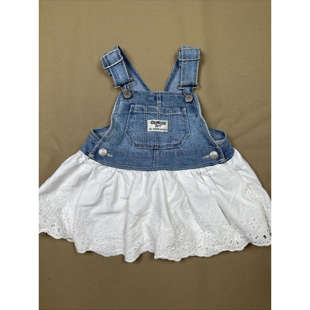Osh Kosh B'Gosh Baby Girls 9M Blue Denim Overall Jean Dress w/ White Eyelet Bib
